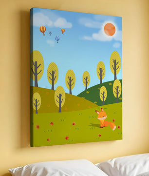 Whimsical landscape with hot air balloons and a fox in autumn scenery