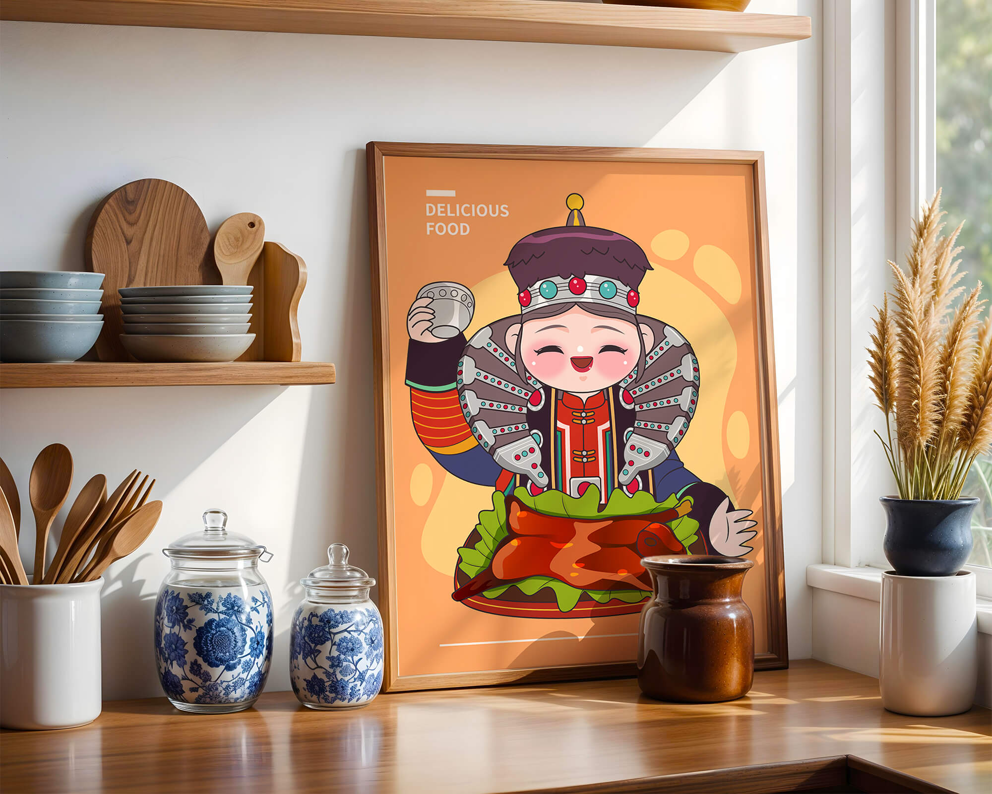 Cartoon character in traditional Mongolian attire with food