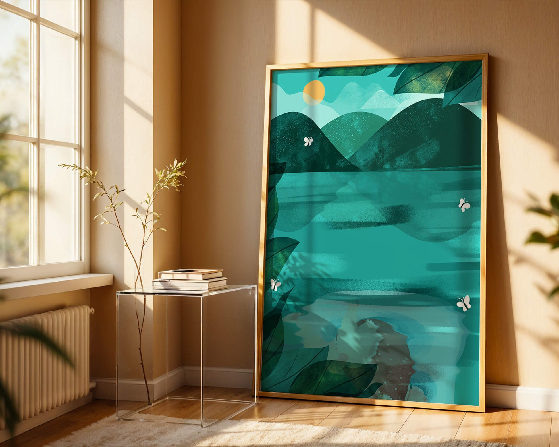 Tranquil Mountain Lake with Butterflies at Sunrise