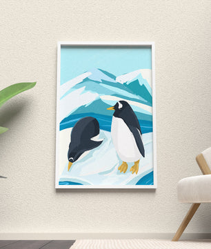 Gentoo penguins in an Antarctic landscape illustration