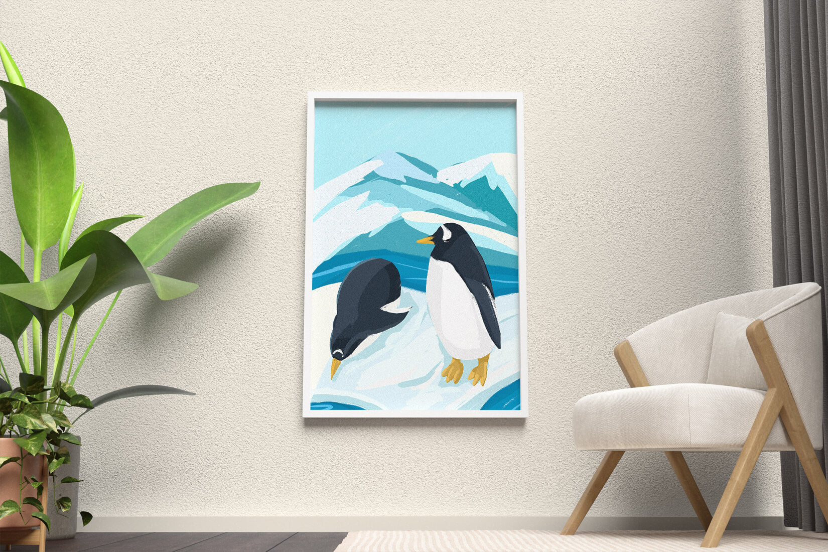 Gentoo penguins in an Antarctic landscape illustration