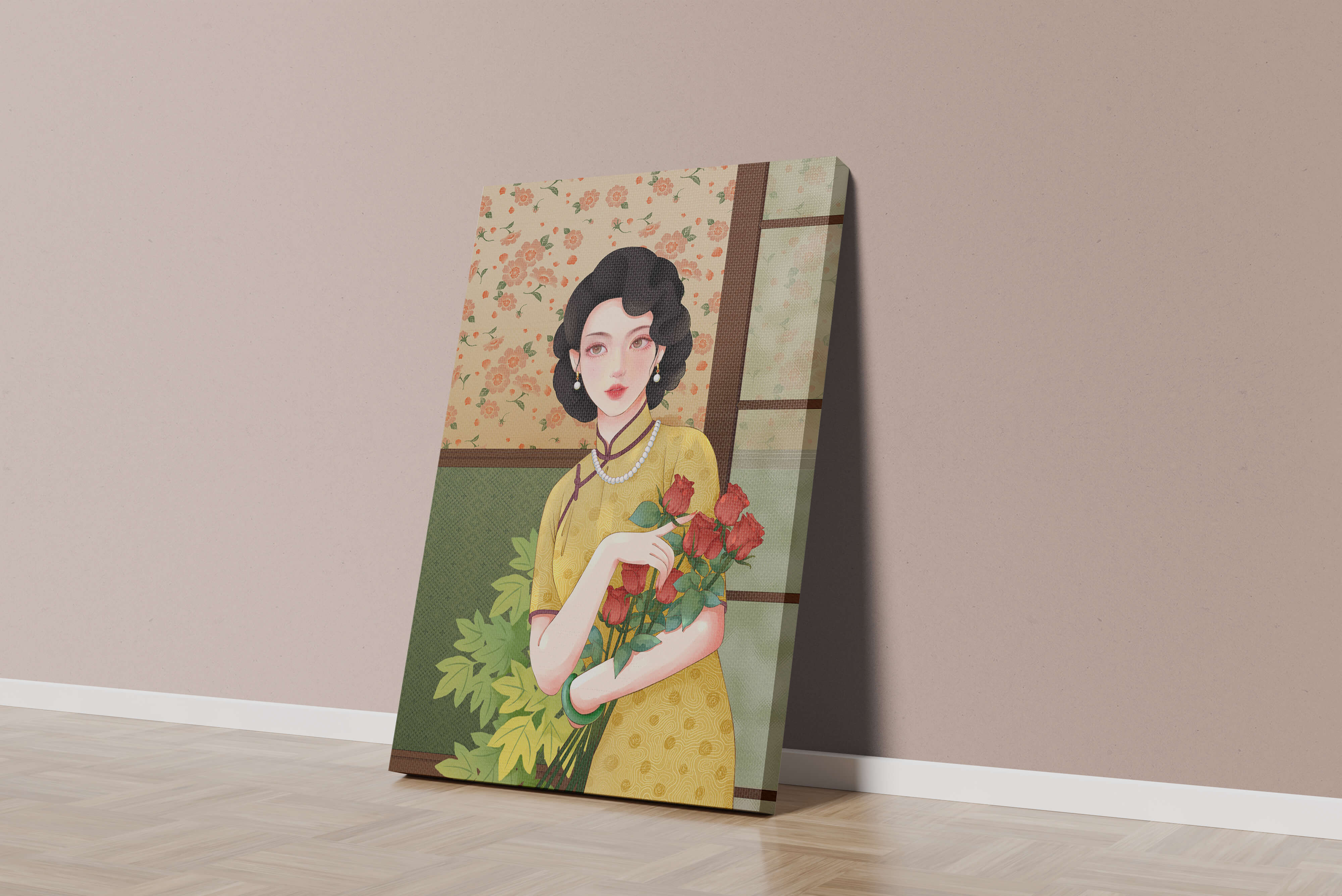Elegant woman with floral backdrop holding a bouquet