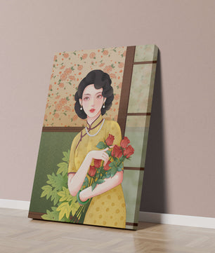 Mujer elegante con fondo floral sosteniendo un ramo