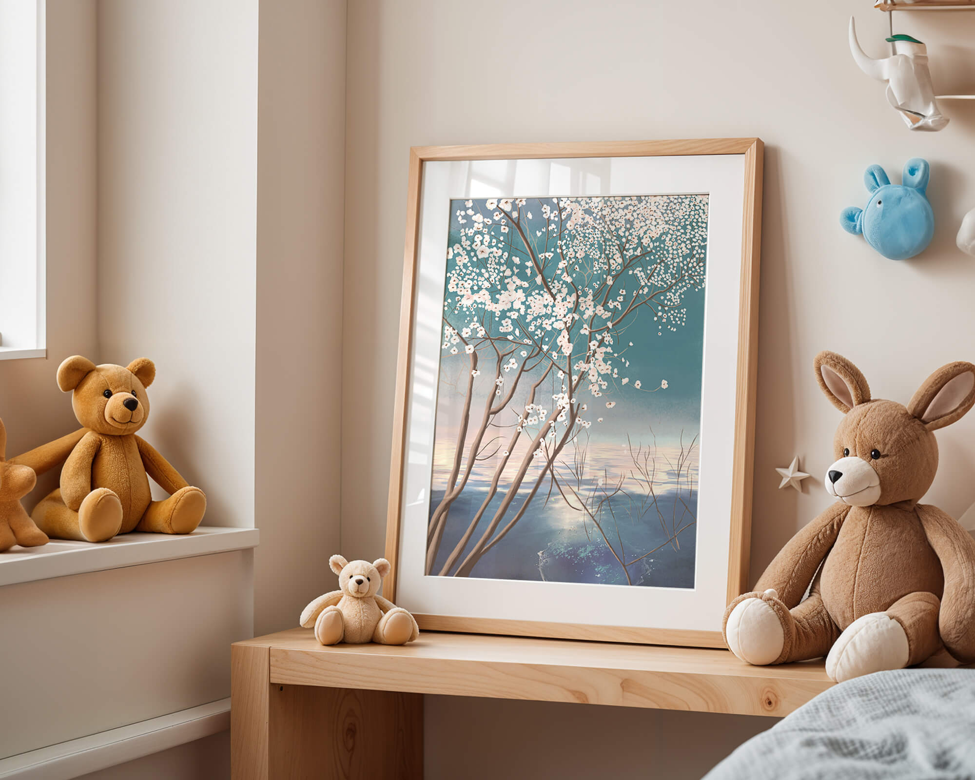 Serene landscape with blossoming tree over calm water reflection
