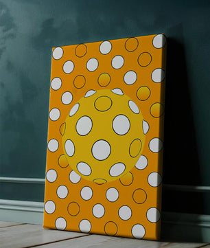 Colorful geometric pattern with white polka dots on orange background