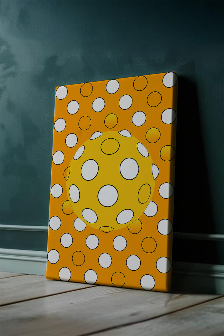 Colorful geometric pattern with white polka dots on orange background