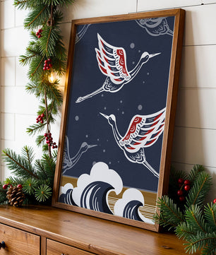 Illustrative cranes flying over ocean waves with dark background