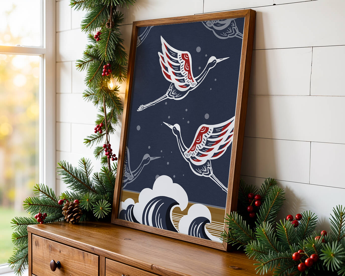 Illustrative cranes flying over ocean waves with dark background