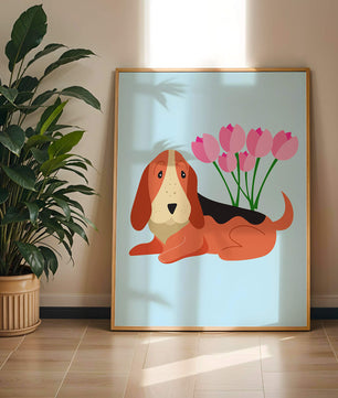 Illustration eines Basset Hound mit rosa Blumen auf hellblauem Hintergrund