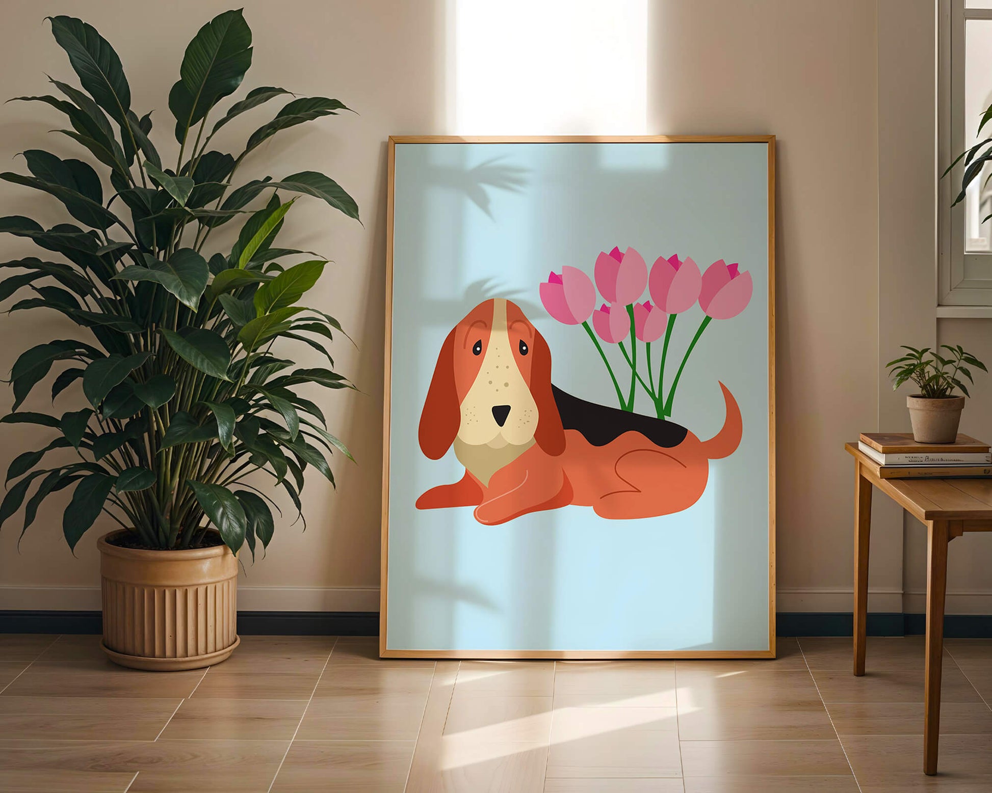 Illustration eines Basset Hound mit rosa Blumen auf hellblauem Hintergrund