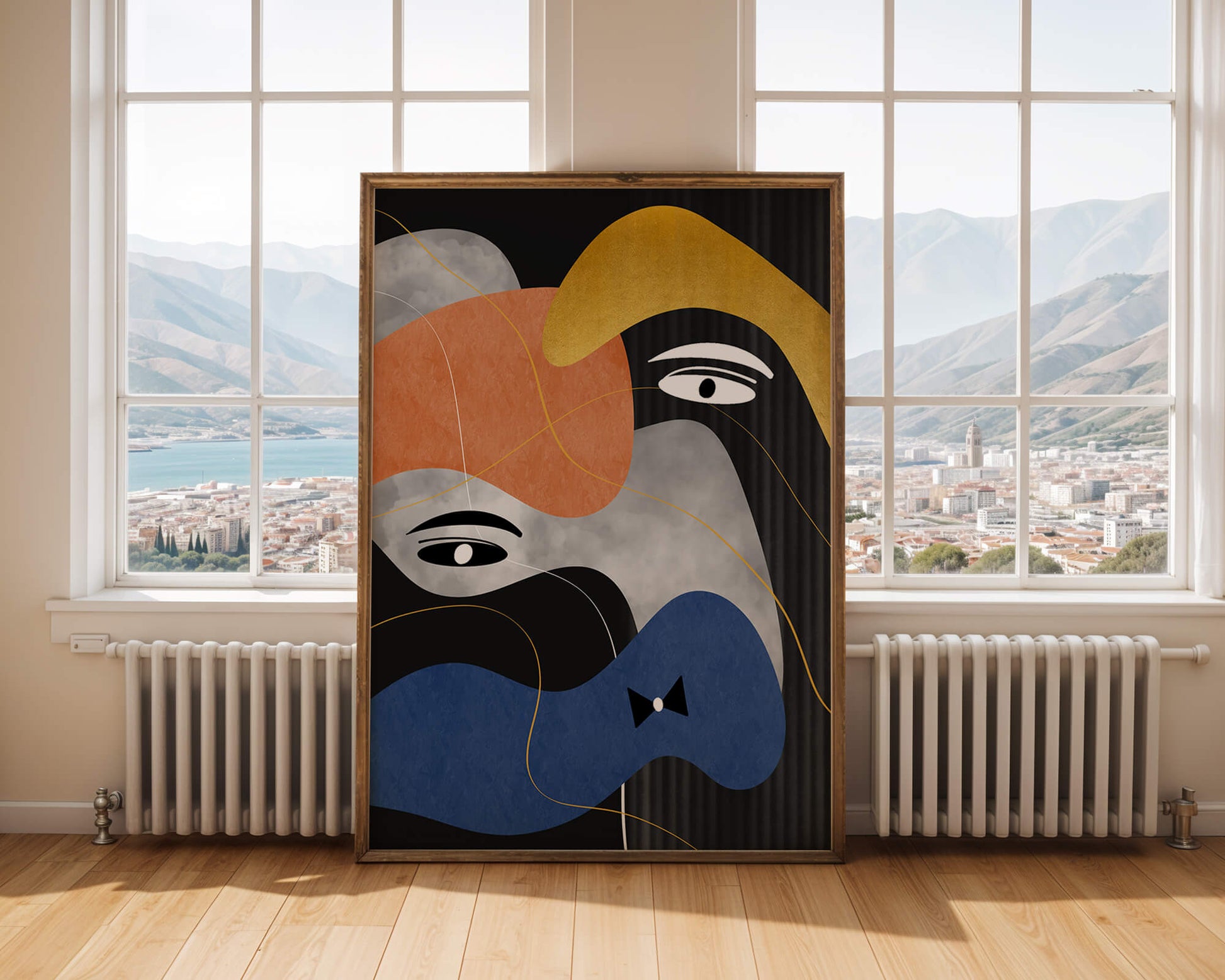 Abstract geometric art with bold colors and gold accents