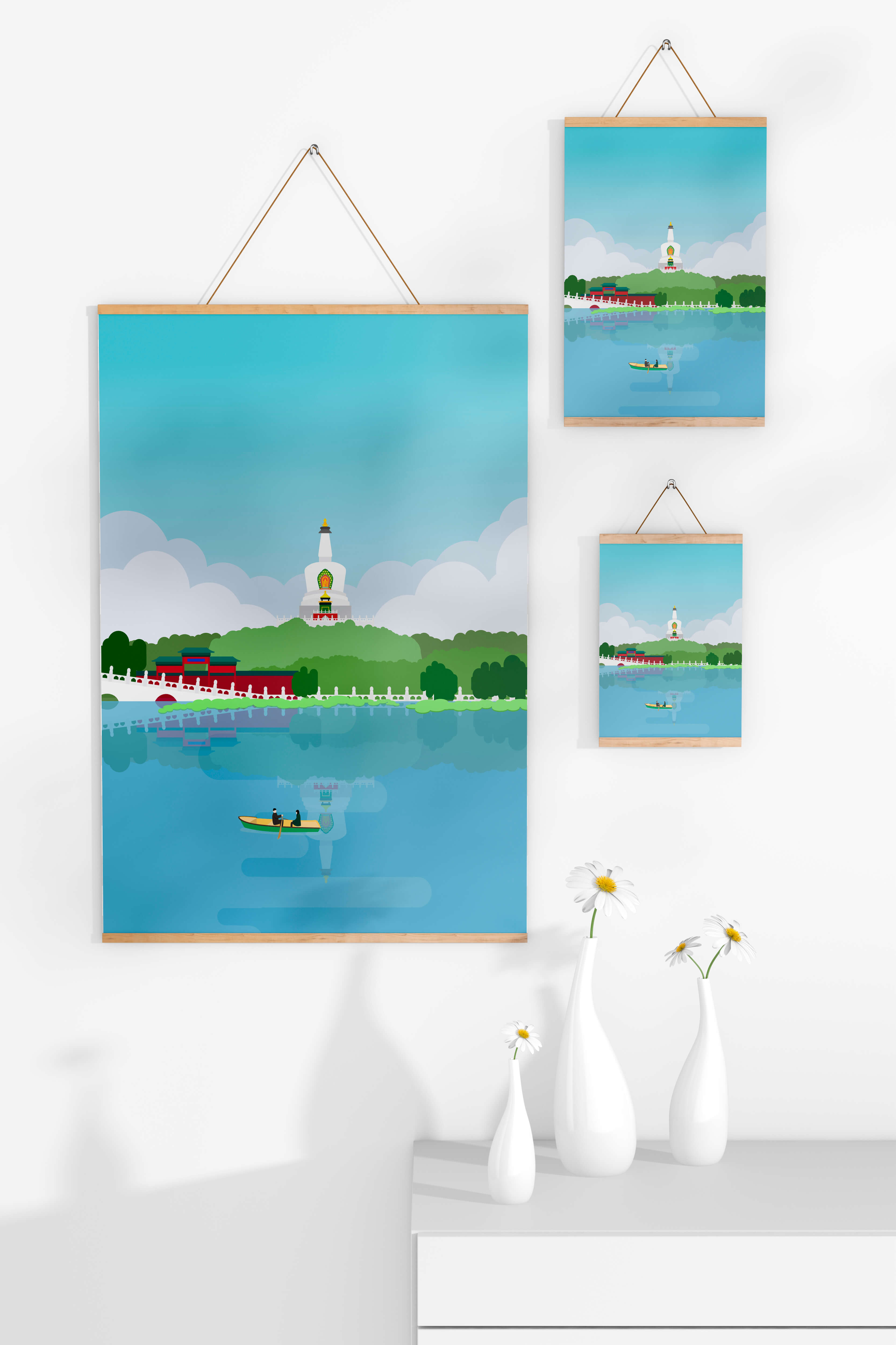 Serene lake scene with pagoda and rowing boat