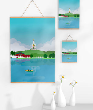 Escena de lago sereno con pagoda y bote de remos