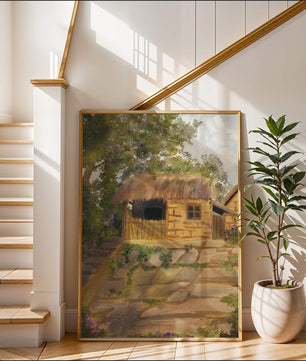 Charming Countryside Cottage with Thatch Roof and Lush Greenery
