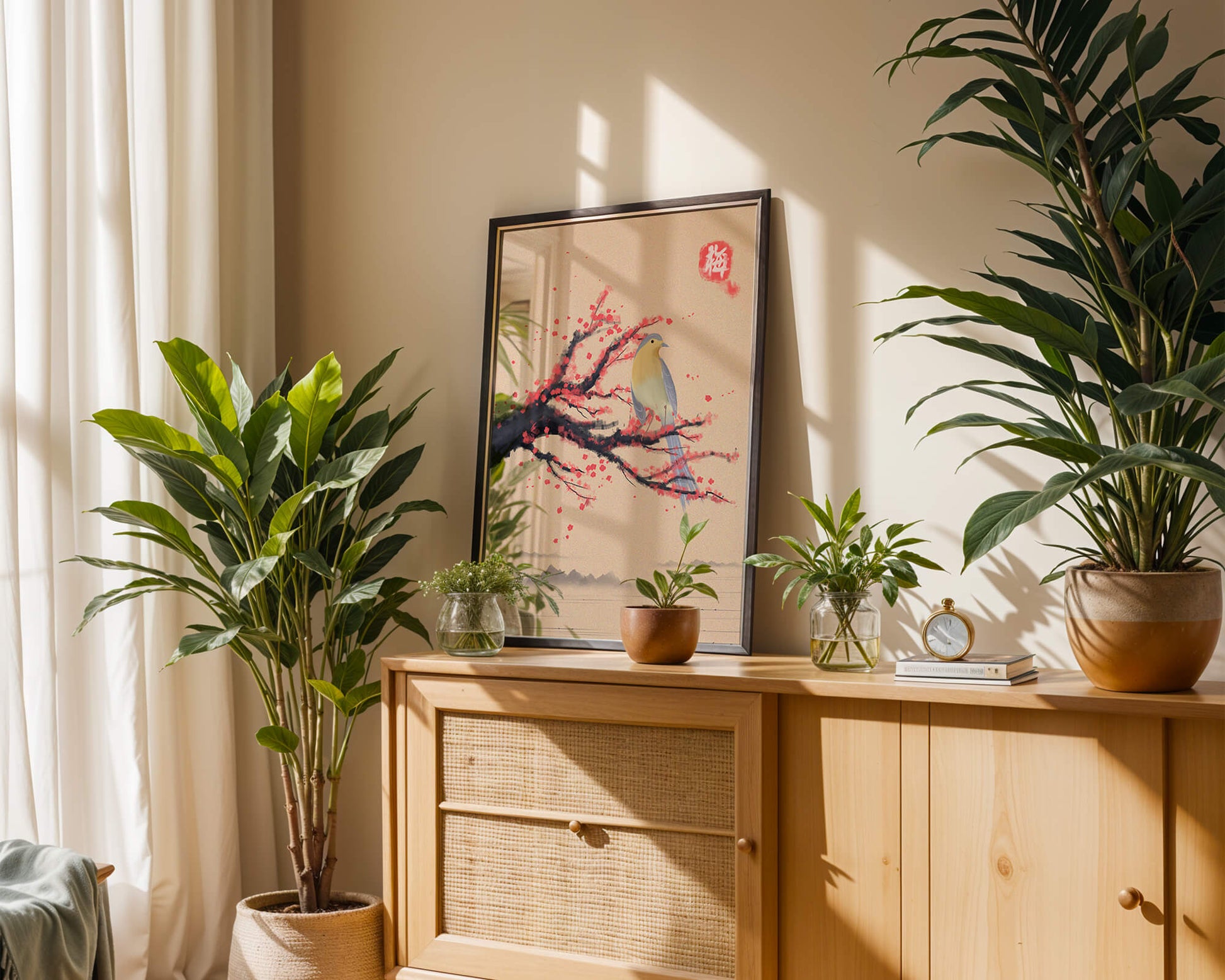 Serene bird on cherry blossom branch in traditional Asian art style