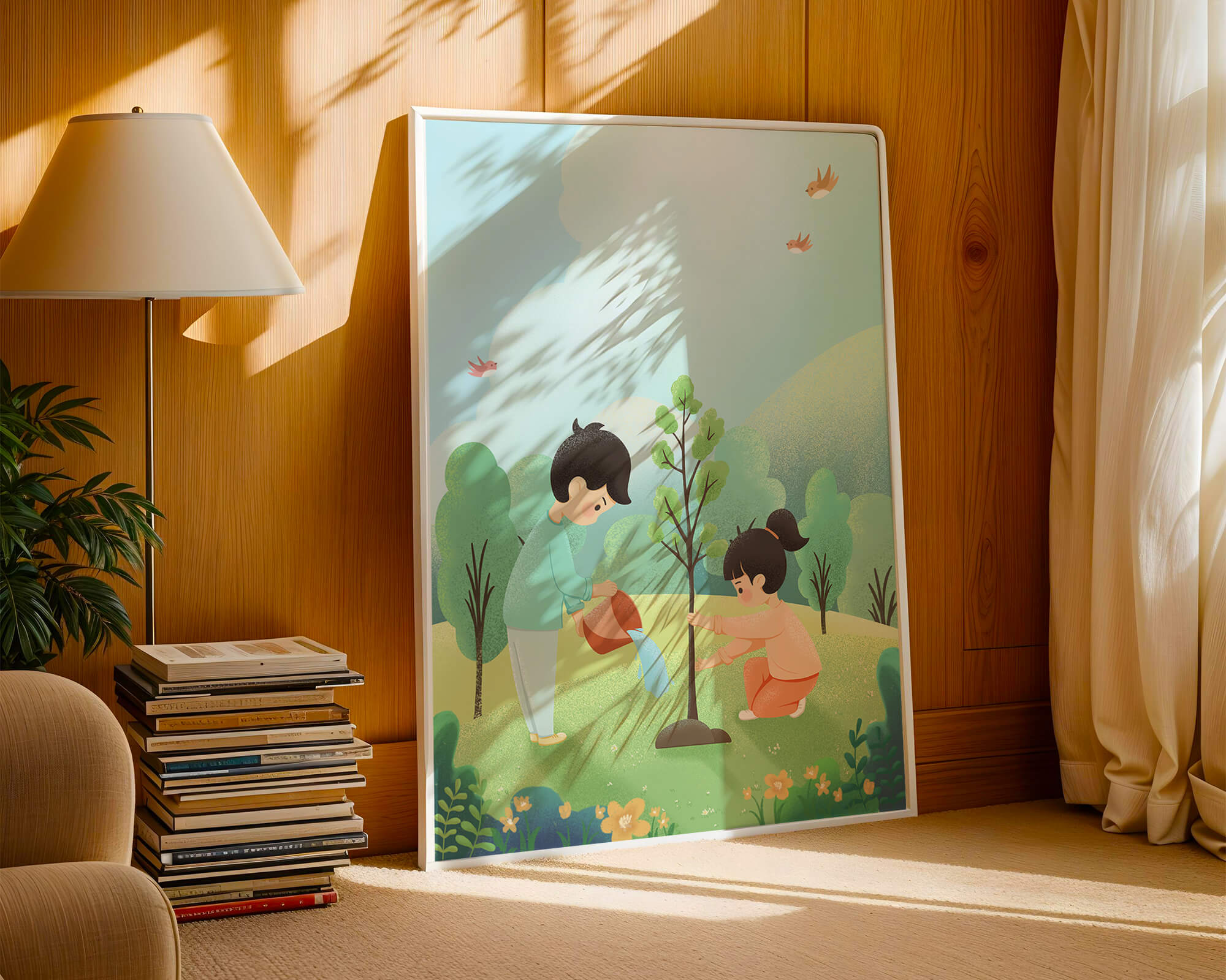Children nurturing a young tree in a lush green landscape