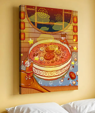 Scène festive et chaleureuse avec des enfants, un grand bol de soupe et des lanternes