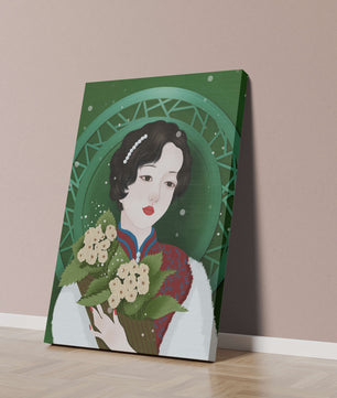 Elegant portrait of a woman with a bouquet of roses on a green abstract background