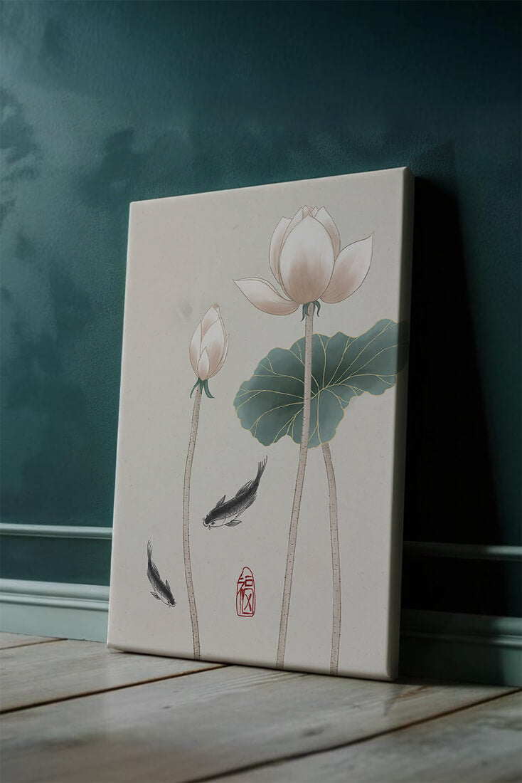 Lotus flowers and koi fish in minimalist Asian art illustration