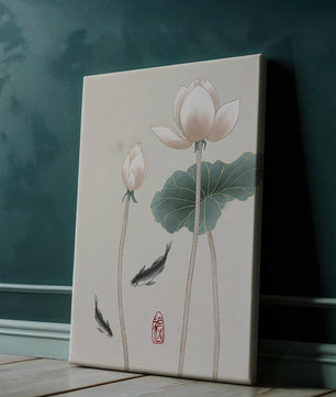Fleurs de lotus et carpes koï dans une illustration d’art asiatique minimaliste