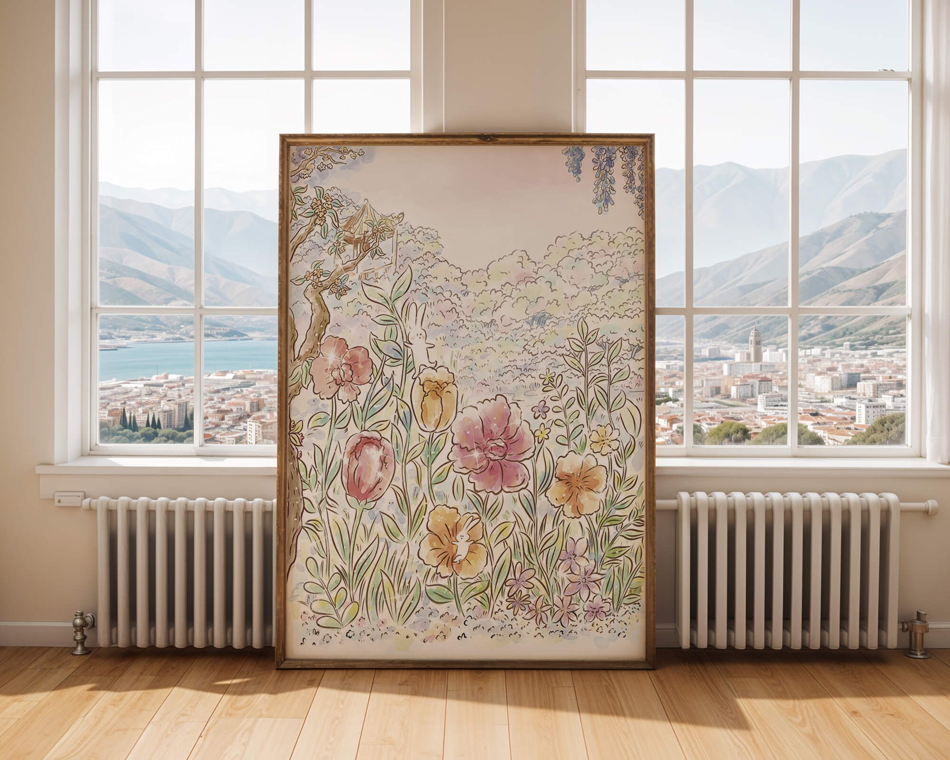 Charming Garden with Bunnies and Blossoming Trees
