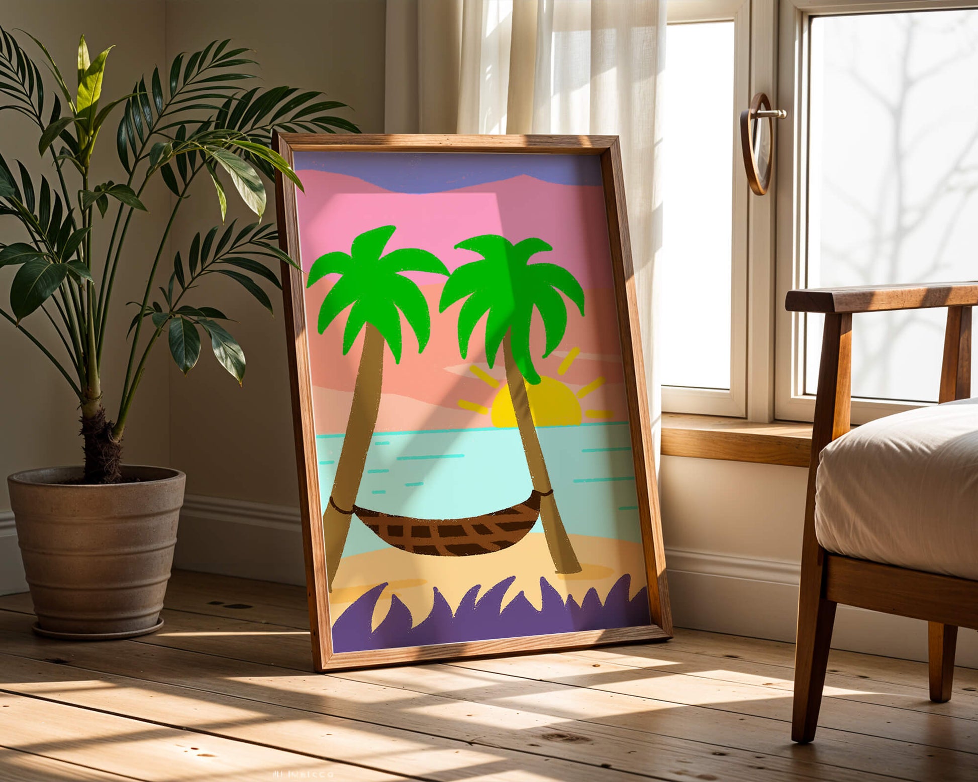 Tranquil beach scene with hammock and sunset