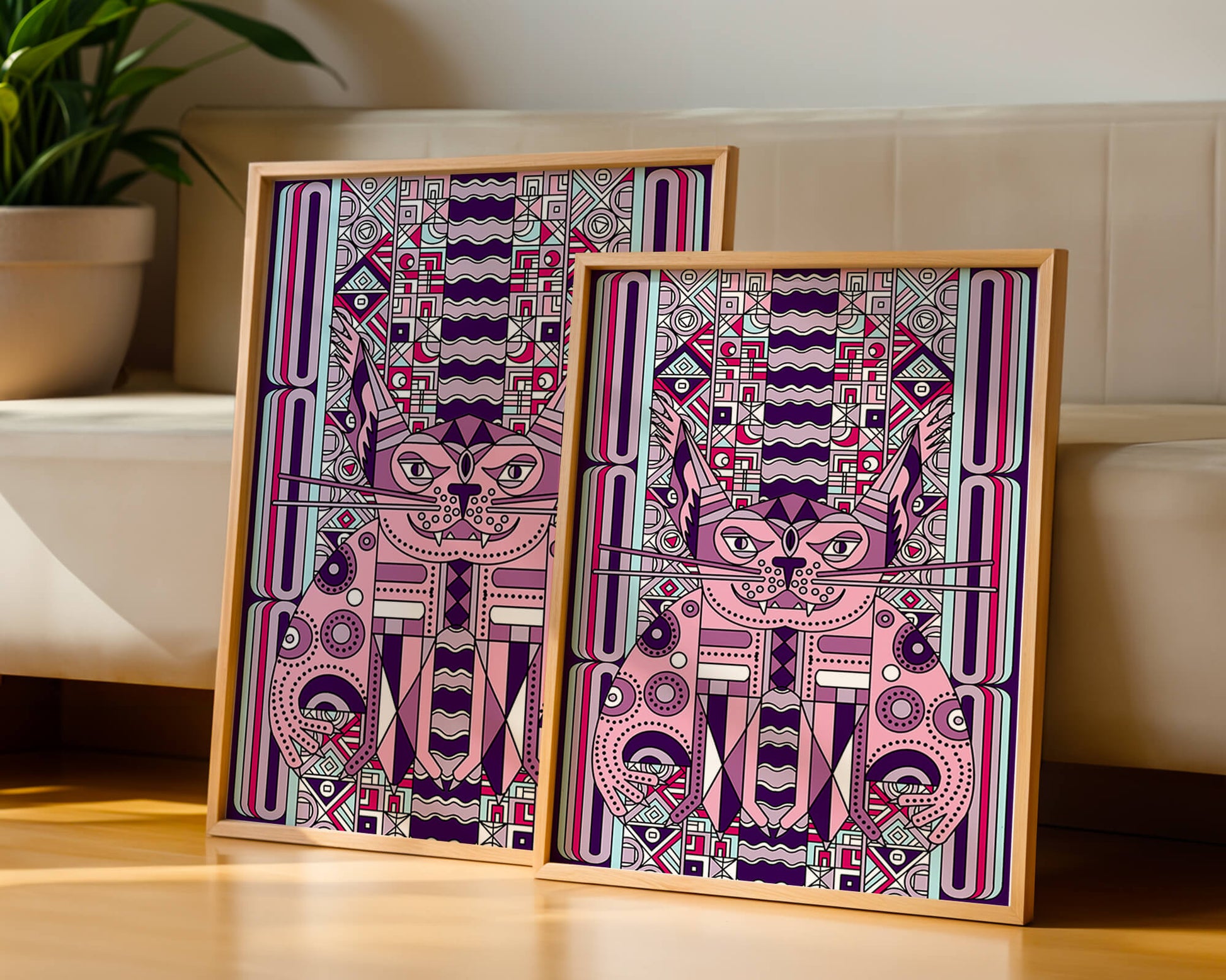Art de chat géométrique coloré avec motifs abstraits en tons pastel