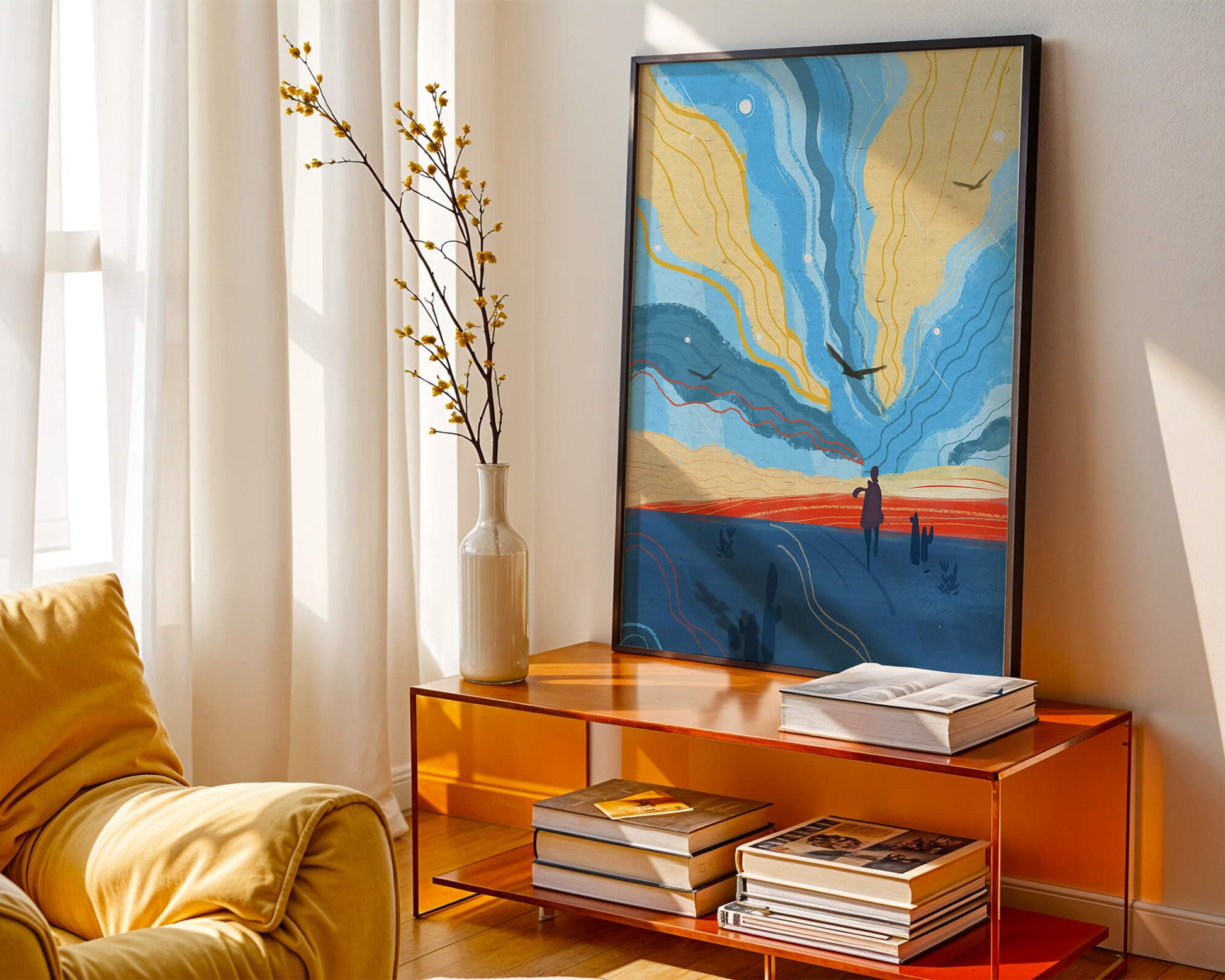 Colorful abstract landscape with figure and birds