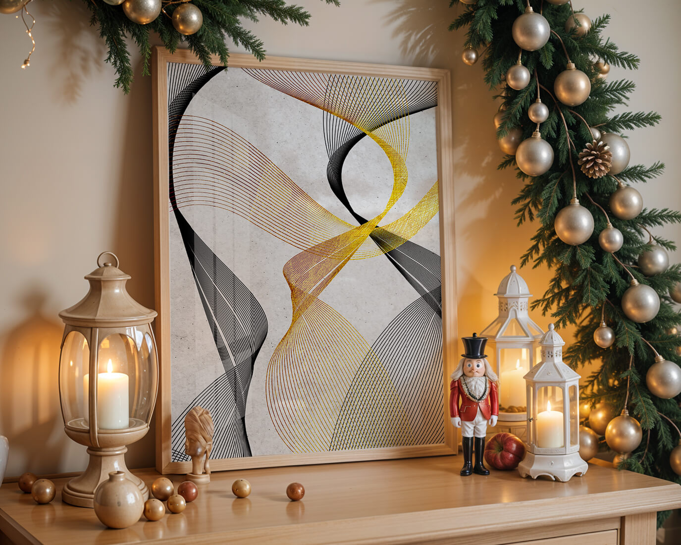 Elegant abstract waves with gold and black lines on textured background