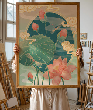Ruhiges orientalisches Lotus-Design mit Libellen und Wolken