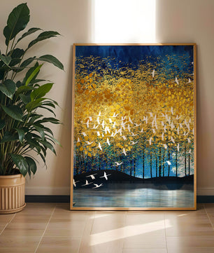 Vibrant Forest Landscape with Birds and Golden Leaves