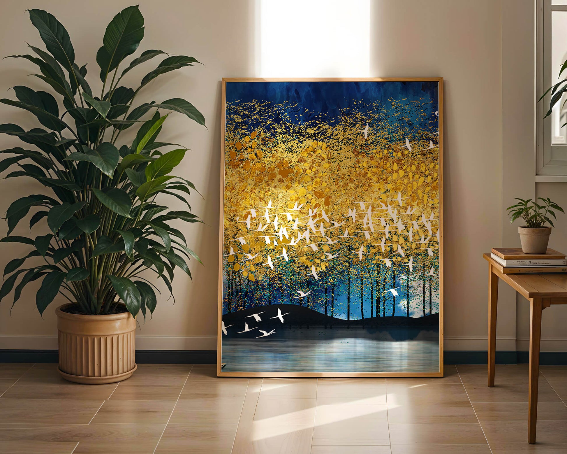 Vibrant Forest Landscape with Birds and Golden Leaves