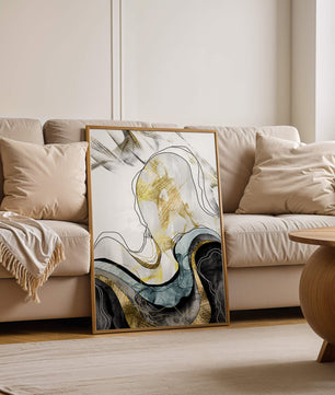 Arte abstracto con líneas fluidas y detalles dorados