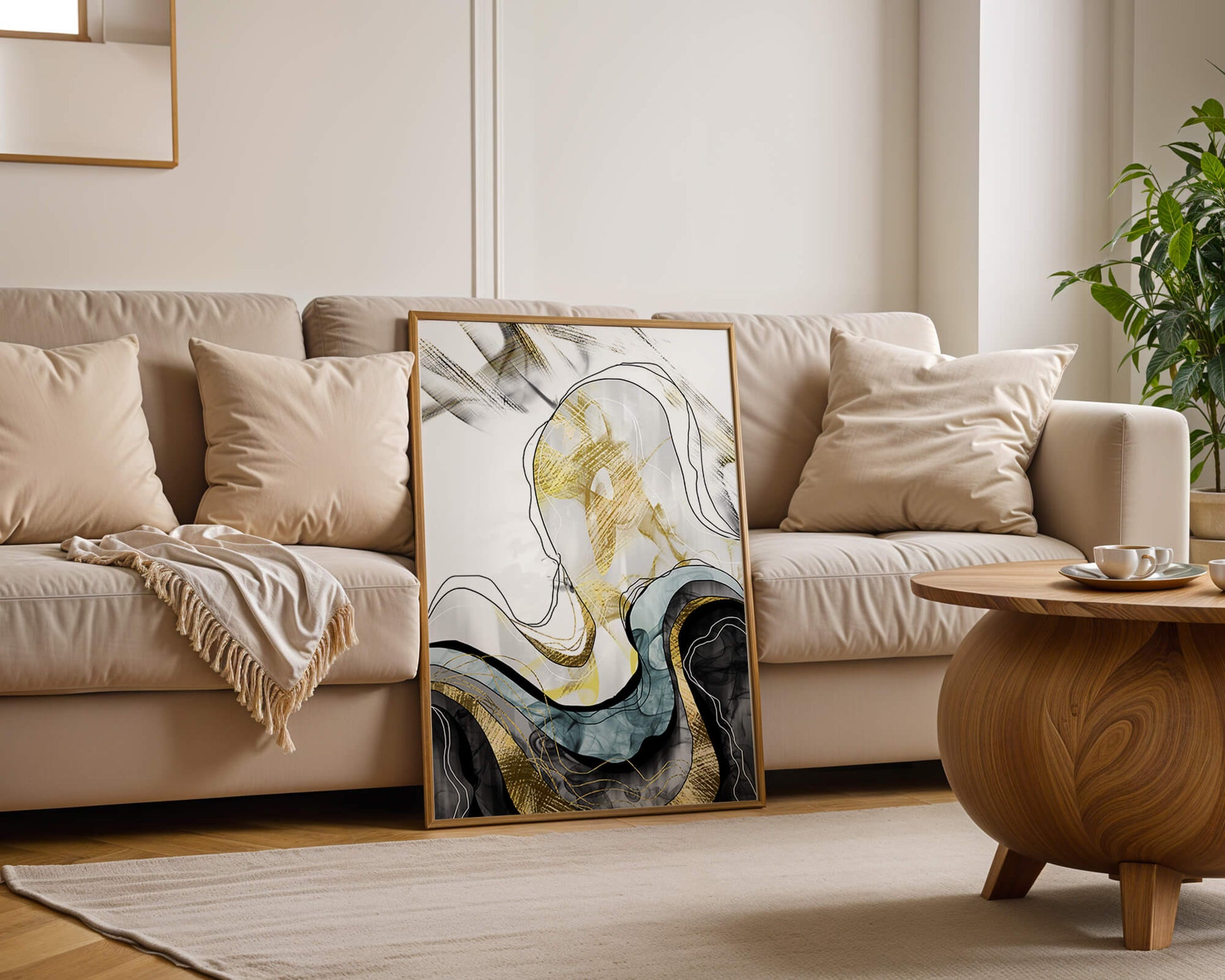 Arte abstracto con líneas fluidas y detalles dorados