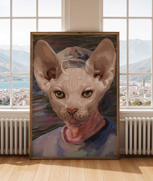 Painted portrait of a sphynx cat wearing a casual cap