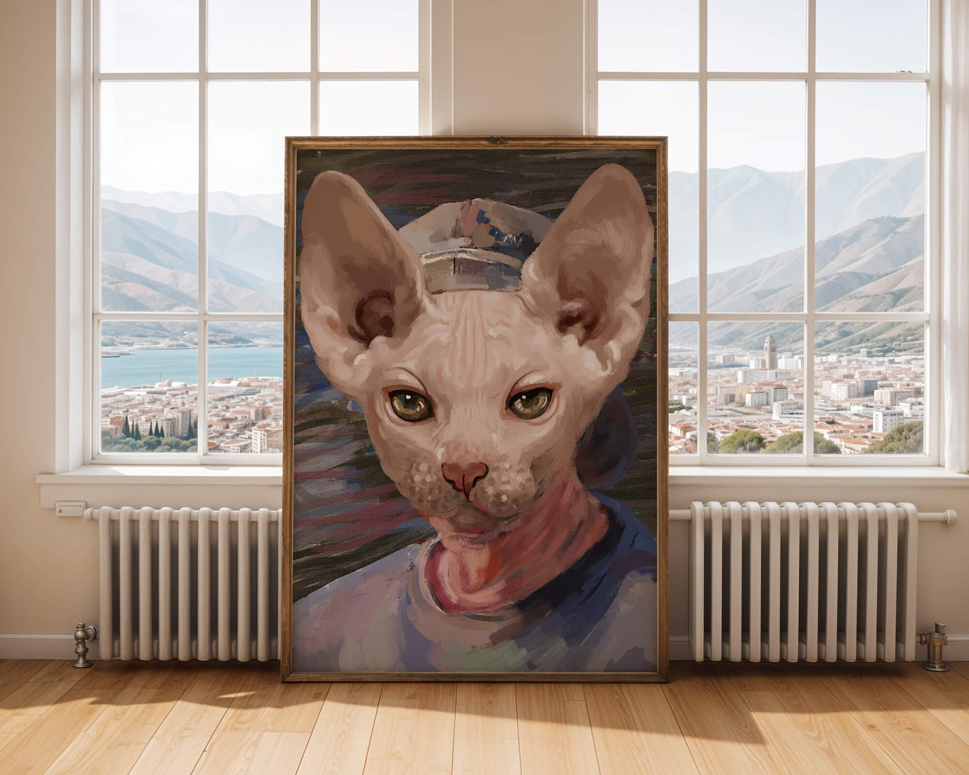 Painted portrait of a sphynx cat wearing a casual cap