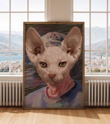 Painted portrait of a sphynx cat wearing a casual cap