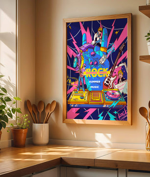 Ilustración temática vibrante de música rock con instrumentos y artistas