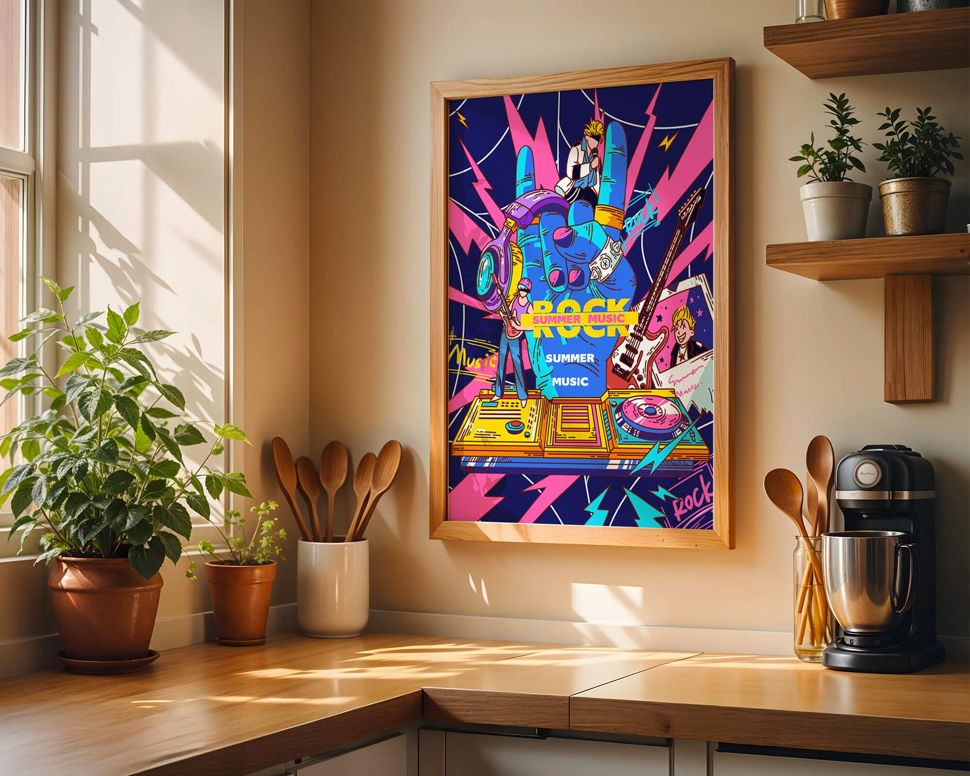 Ilustración temática vibrante de música rock con instrumentos y artistas