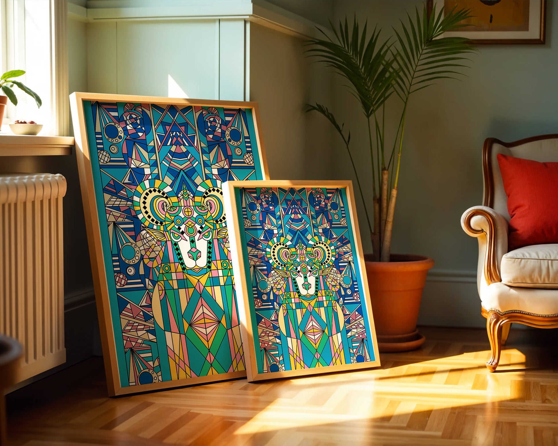 Diseño geométrico colorido de carnero con patrones simétricos