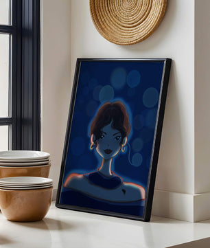 Illustration d'une femme avec des lumières bokeh et des boucles d'oreilles élégantes