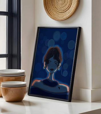 Illustration of a woman with bokeh lights and stylish earrings