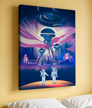 Futuristic Space City With Alien Creatures and Astronauts