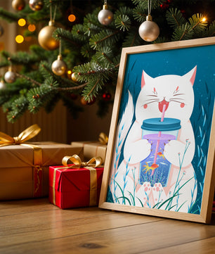 Playful cat with a fish tank tumbler in the underwater scene illustration