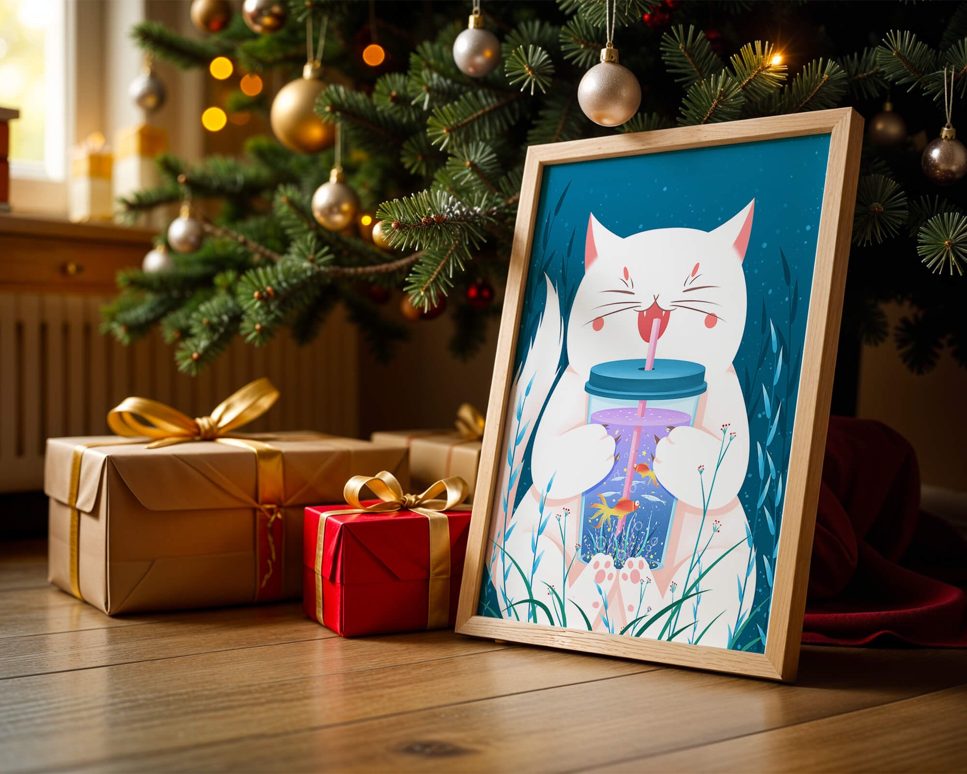 Playful cat with a fish tank tumbler in the underwater scene illustration