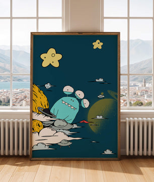 Playful Alien Illustration with Space Background and Stars - Mi tienda
