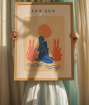 Modern abstract art poster featuring the sun and a serene figure in blue and coral tones - Mi tienda