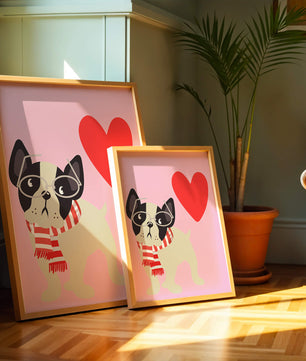 Ilustración juguetona de un bulldog francés con gafas y bufanda sobre fondo rosa con corazón