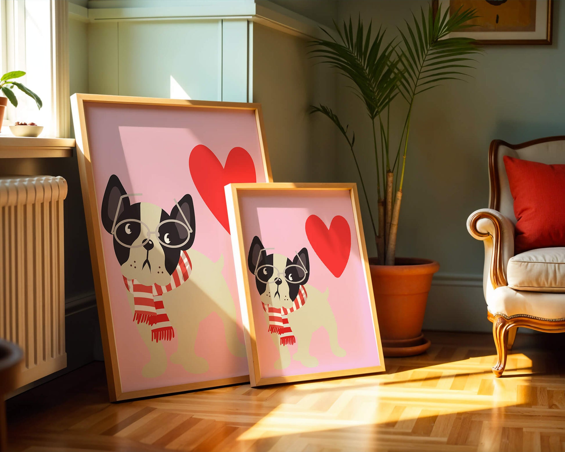 Ilustración lúdica de un bulldog francés con gafas y bufanda sobre fondo rosa con corazón