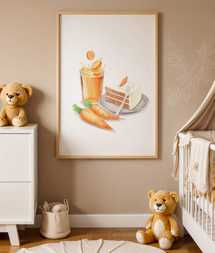 Illustration von Karottenkuchen und Saft mit frischen Karotten
